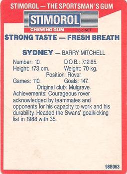 1990 AFL Scanlens Stimorol #76 Barry Mitchell Back